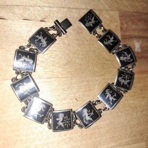 925 Sterling Silver Vintage Siam Niello Hindu Goddess Panel Link Bracelet 7"